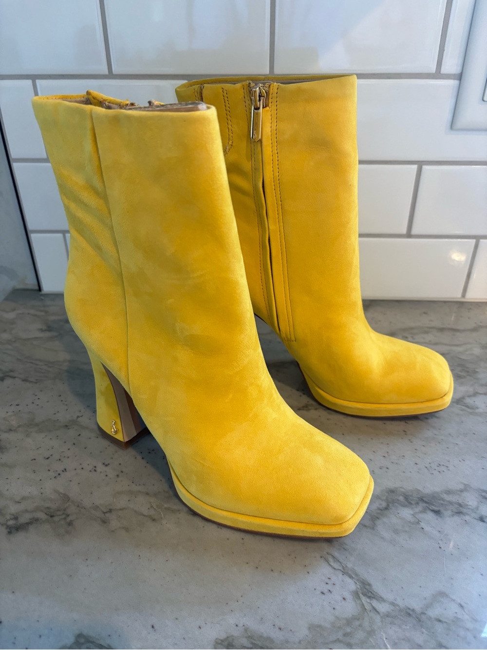 Sam Edelman Jaye Yellow Suede Ankle Booties with Block Heel